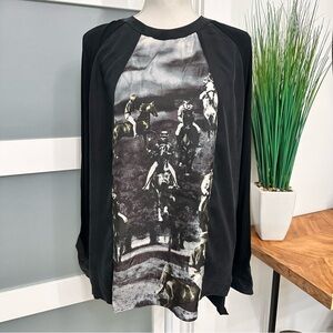 L.A.M.B. Black Silk Jockey Graphic Tunic Top SZ 12 Equestrian RARE Artsy GUC